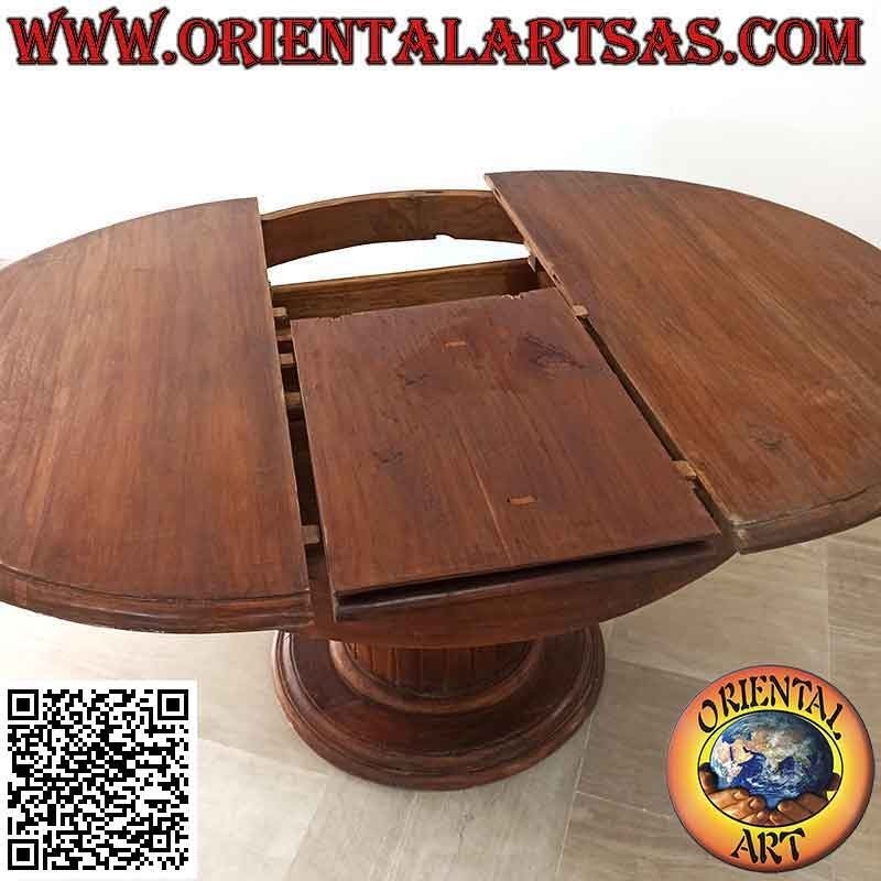 Table ronde extensible sur un seul pied avec lattes en bois de teck (110 cm Ø)