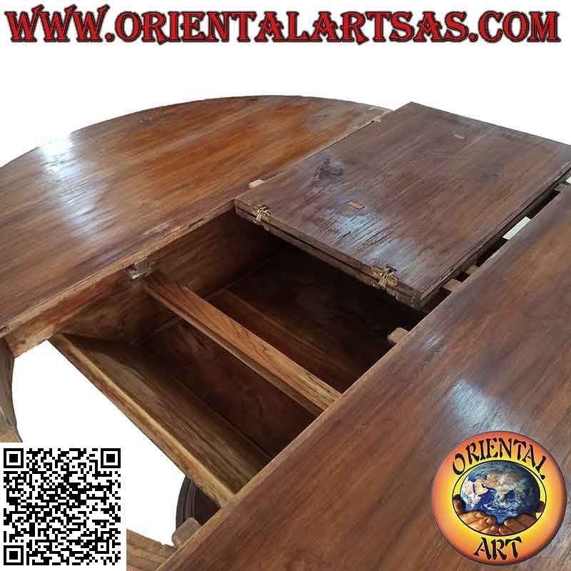 Mesa extensible redonda sobre un pie con listones de madera de teca (110 cm Ø)