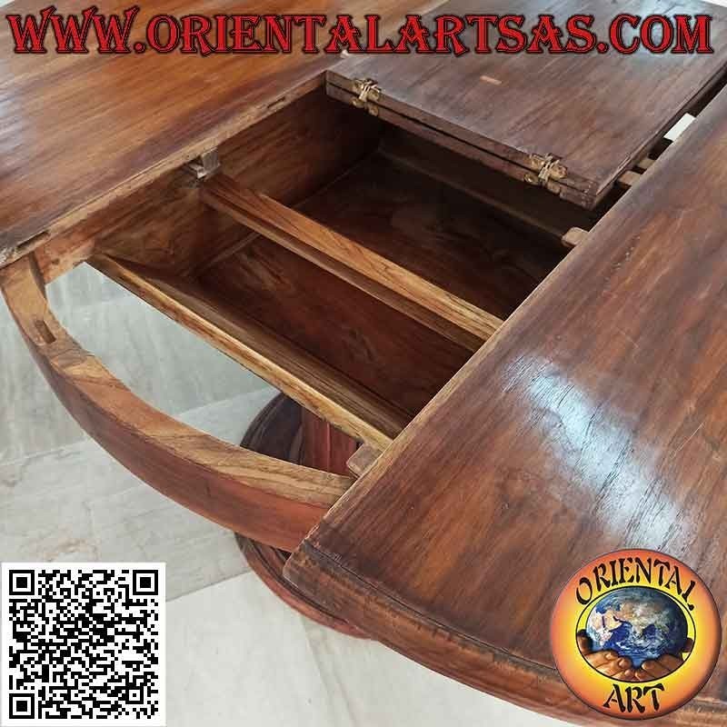 Tavolo tondo allungabile su piede unico a doghe in legno di teak (110 cm Ø)