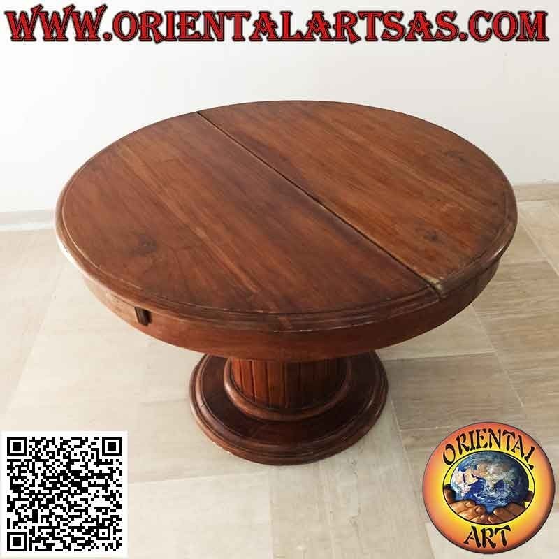 Tavolo tondo allungabile su piede unico a doghe in legno di teak (110 cm Ø)