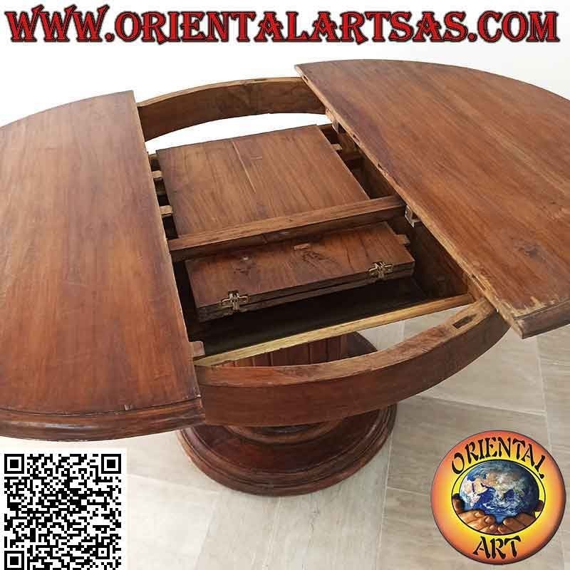 Table ronde extensible sur un seul pied avec lattes en bois de teck (110 cm Ø)