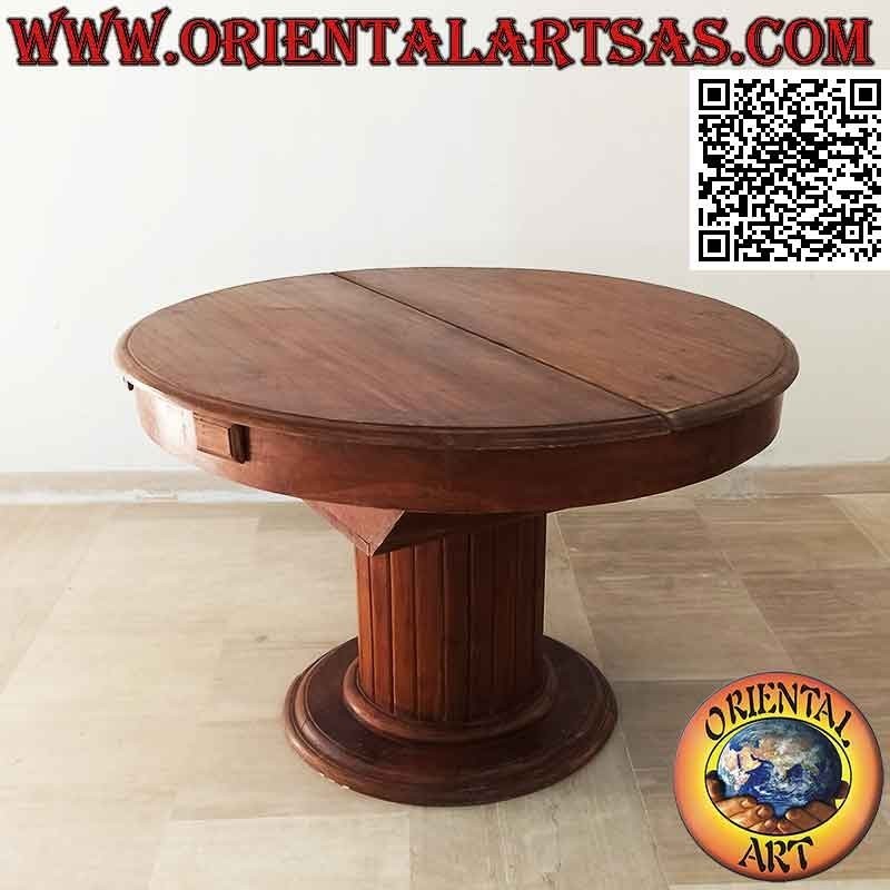 Round extendable table on a single foot with teak wood slats (110 cm Ø)