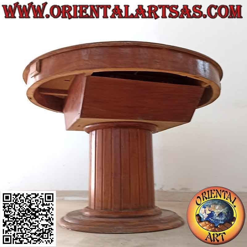 Round extendable table on a single foot with teak wood slats (110 cm Ø)