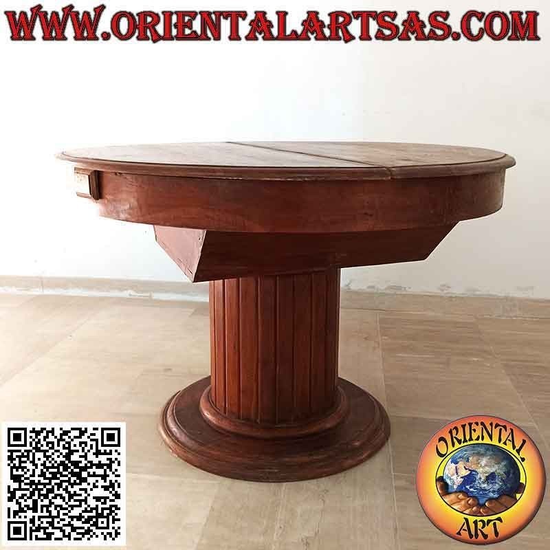 Tavolo tondo allungabile su piede unico a doghe in legno di teak (110 cm Ø)