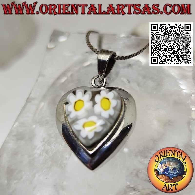 Silver pendant, heart with murrina (daisies) and smooth edge