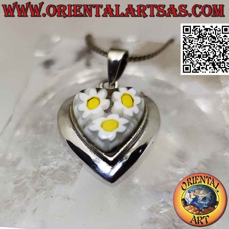 Pendentif en argent, coeur avec murrina (marguerites) et bord lisse