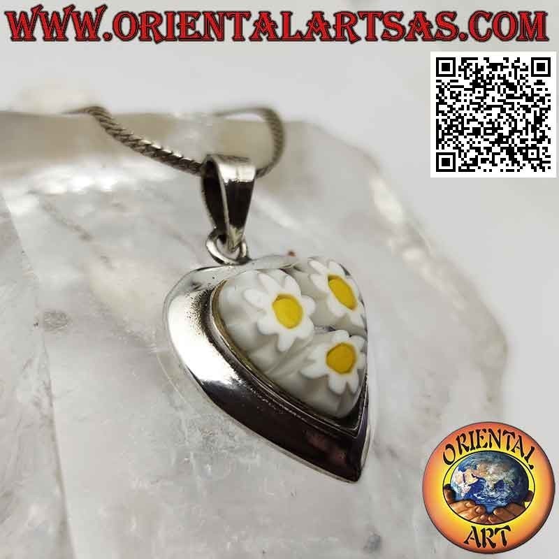 Pendentif en argent, coeur avec murrina (marguerites) et bord lisse