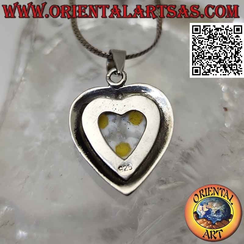 Silver pendant, heart with murrina (daisies) and smooth edge