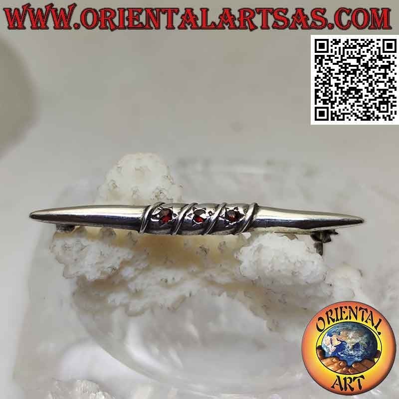 Silver brooch, pointed needle with three central set garnets