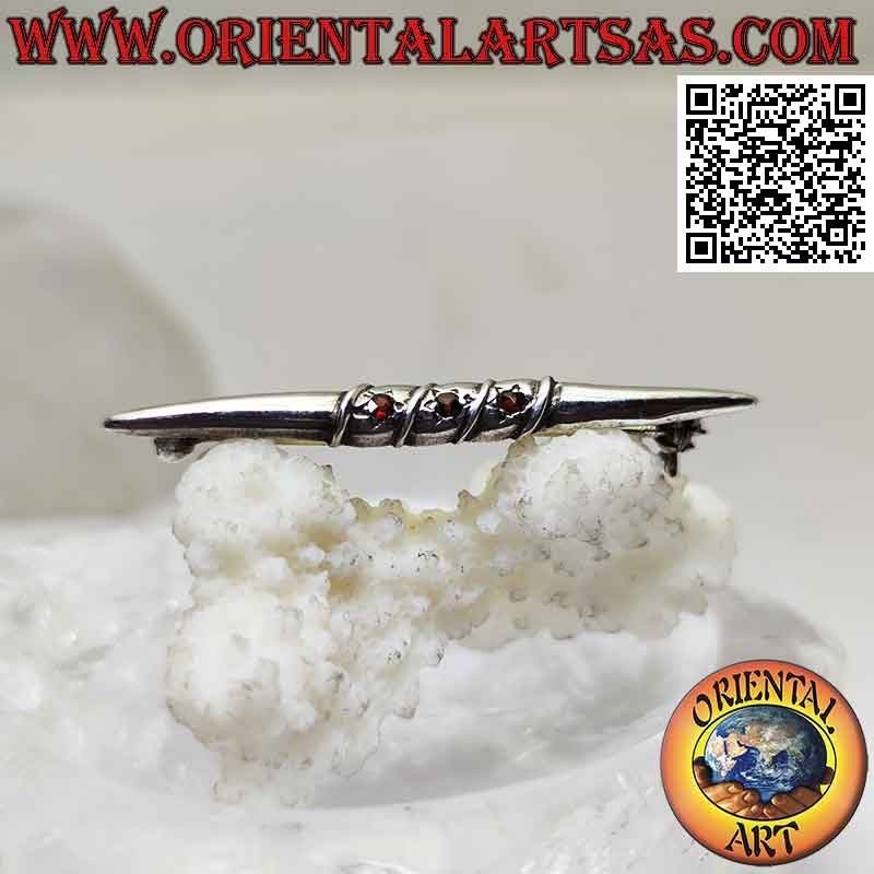Silver brooch, pointed needle with three central set garnets