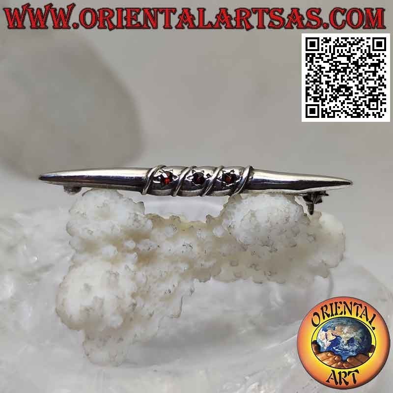 Silver brooch, pointed needle with three central set garnets