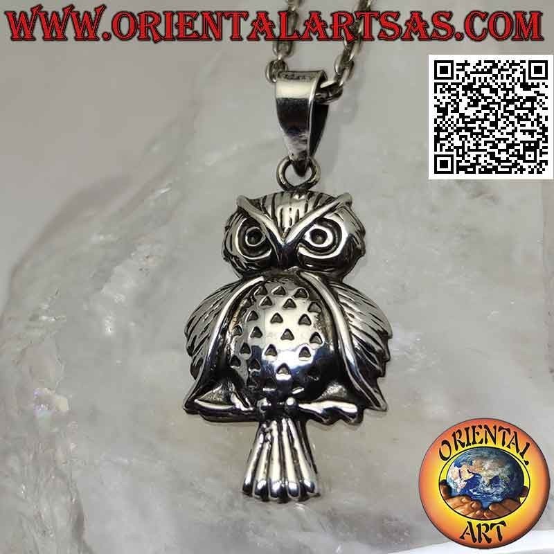 Silver pendant, the owl on the front branch (large)