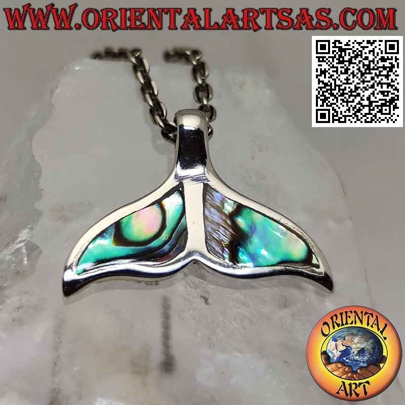 Colgante de plata cola de ballena plana con concha de paua