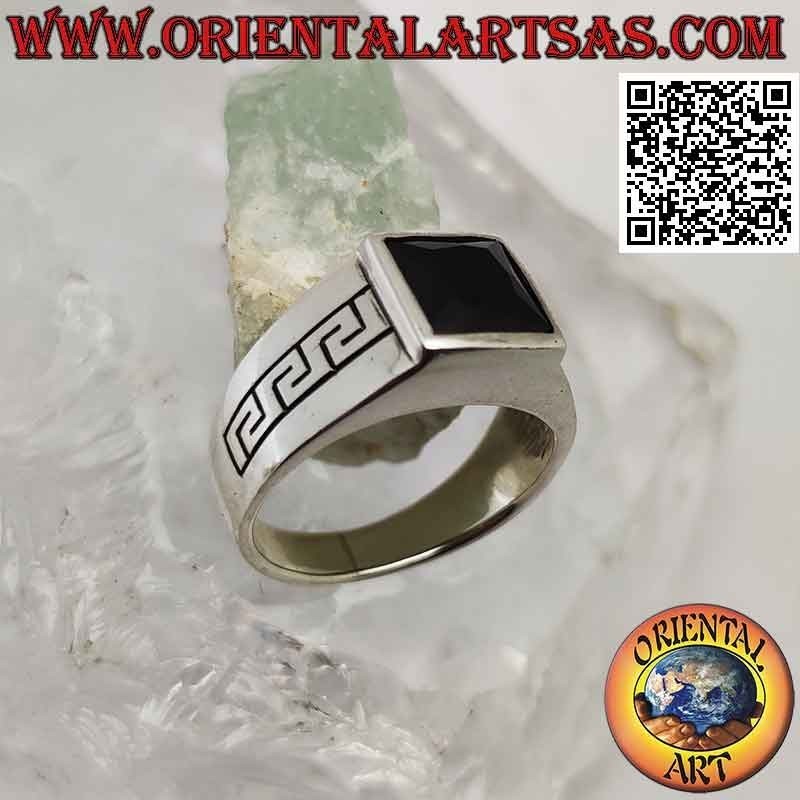 Silver ring with square spinel and Greek engraved on the sides