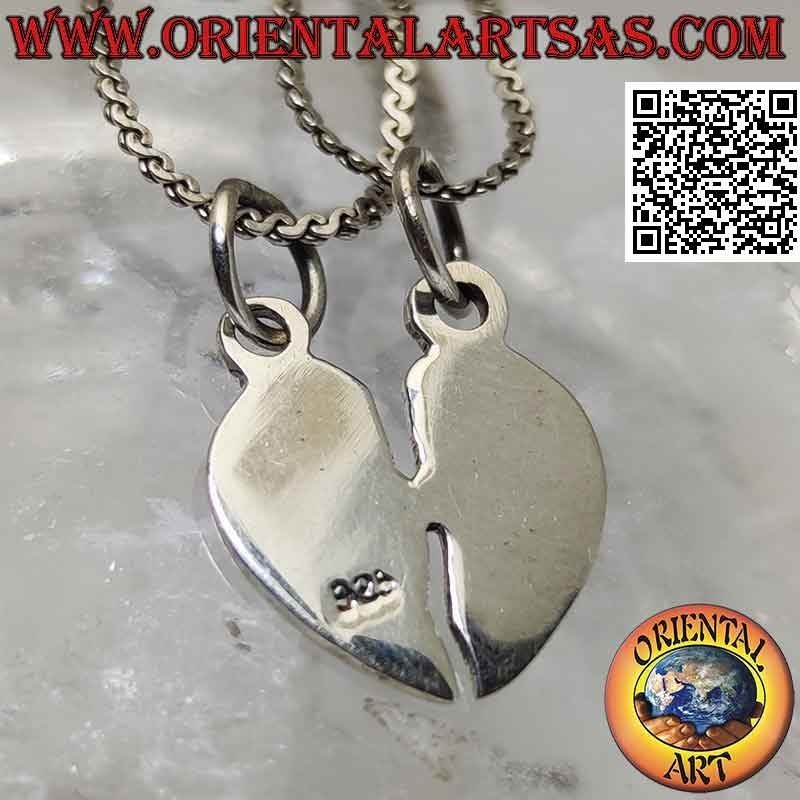 Colgante de plata doble, corazón roto liso plano "dulce mitad"