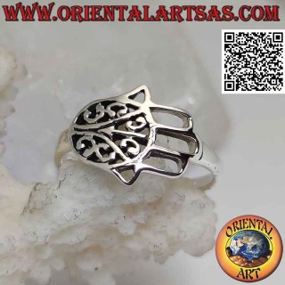 Anello in argento con mano di Fatima orizzontale traforata