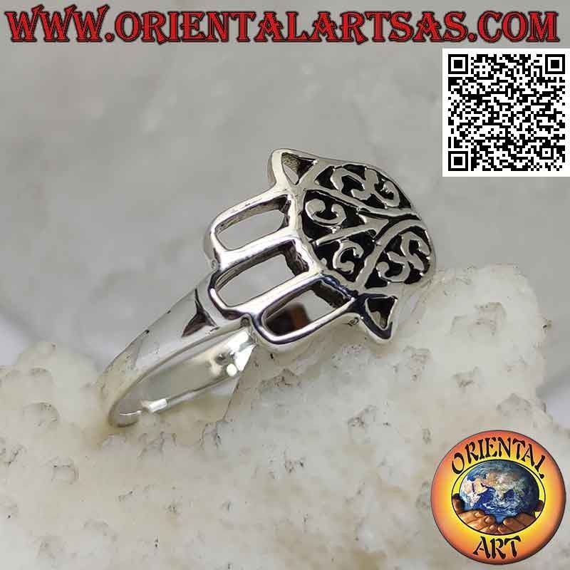 Anello in argento con mano di Fatima orizzontale traforata