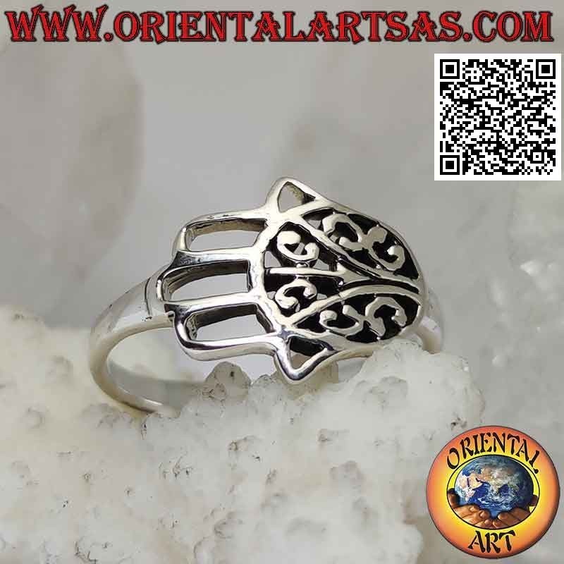 Bague en argent avec main horizontale perforée de Fatima