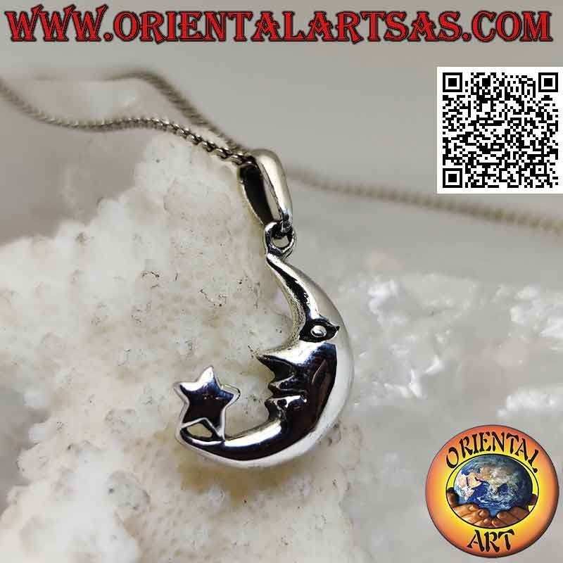 Silver pendant, crescent with star at the tip