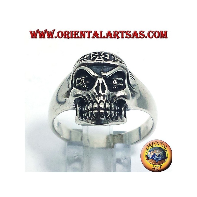 Silber Ring Biker Schädel mit Eisernem Kreuz