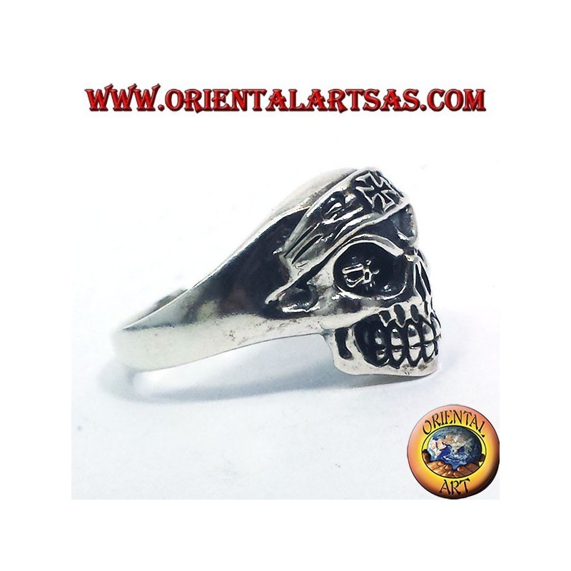 silver ring, biker skull with iron cross