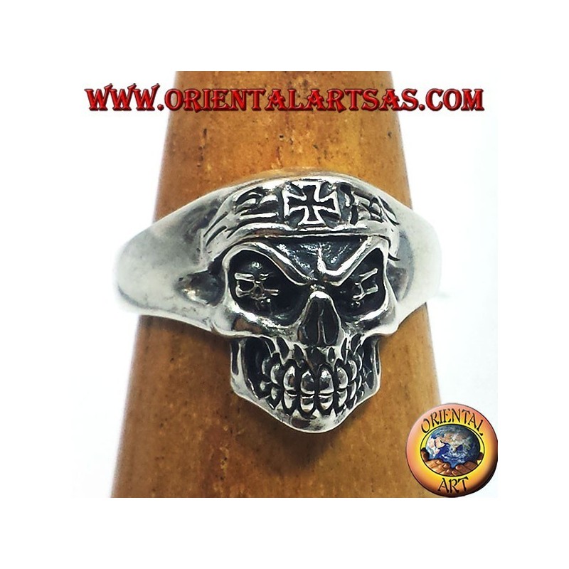 Silber Ring Biker Schädel mit Eisernem Kreuz