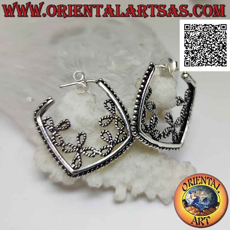 Pendientes de plata círculo cuadrado con bolas y círculos interiores (cierre de mariposa)