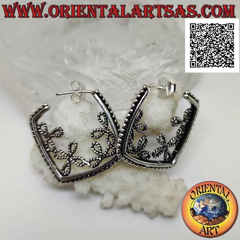 Silver squared circle earrings with balls and inner circles (butterfly clasp)