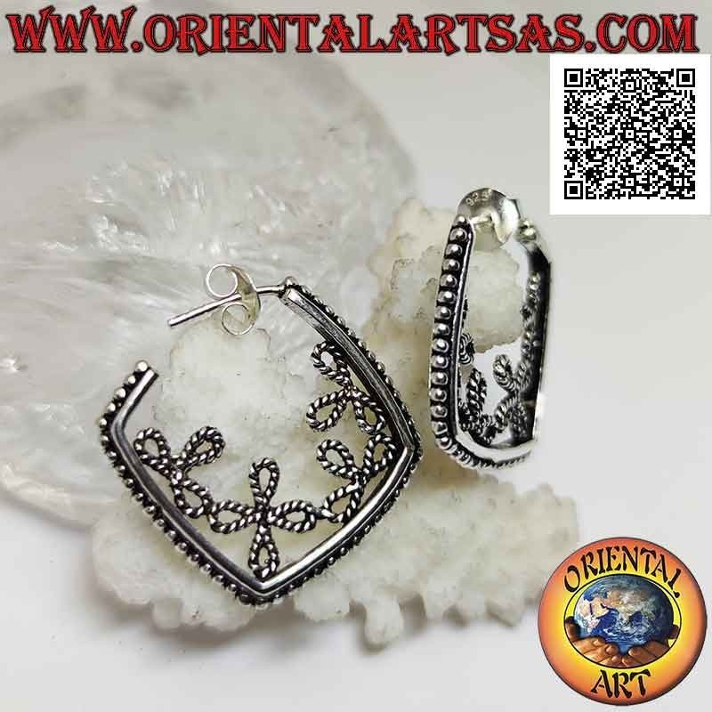 Boucles d'oreilles cercle carré en argent avec boules et cercles intérieurs (fermoir papillon)