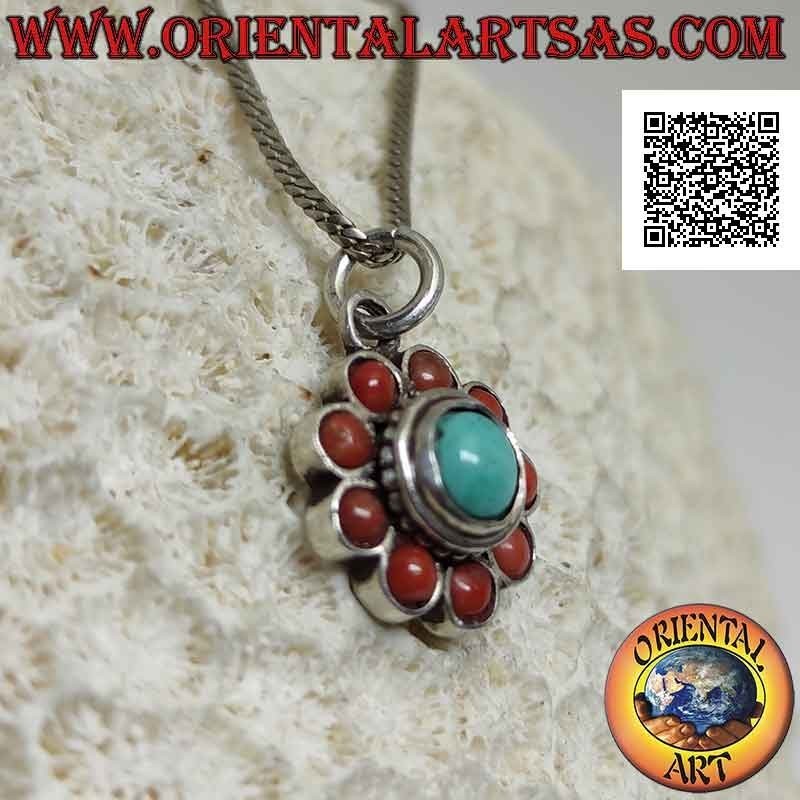 Colgante en flor de plata con antiguo cabujón de turquesa tibetano rodeado de corales redondos (2)