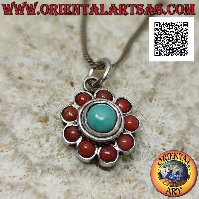 Ciondolo in argento a fiore con turchese tibetano antico cabochon contornato da coralli tondi (2)