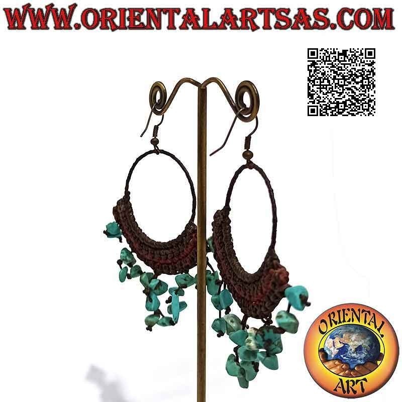 Handmade hoop earrings with macramé technique and hanging turquoise fragments