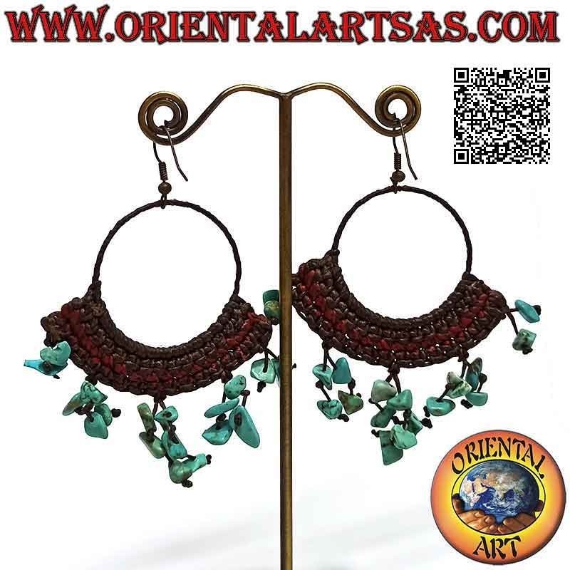 Handmade hoop earrings with macramé technique and hanging turquoise fragments
