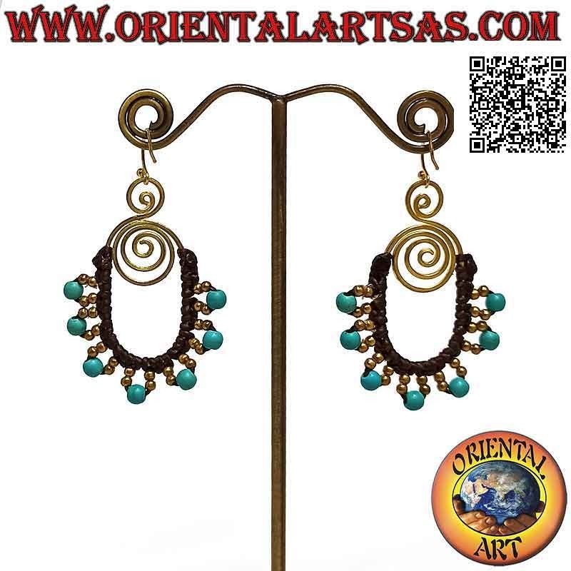 Boucles d'oreilles artisanales en laiton doré et technique macramé avec perles turquoises (ovales)