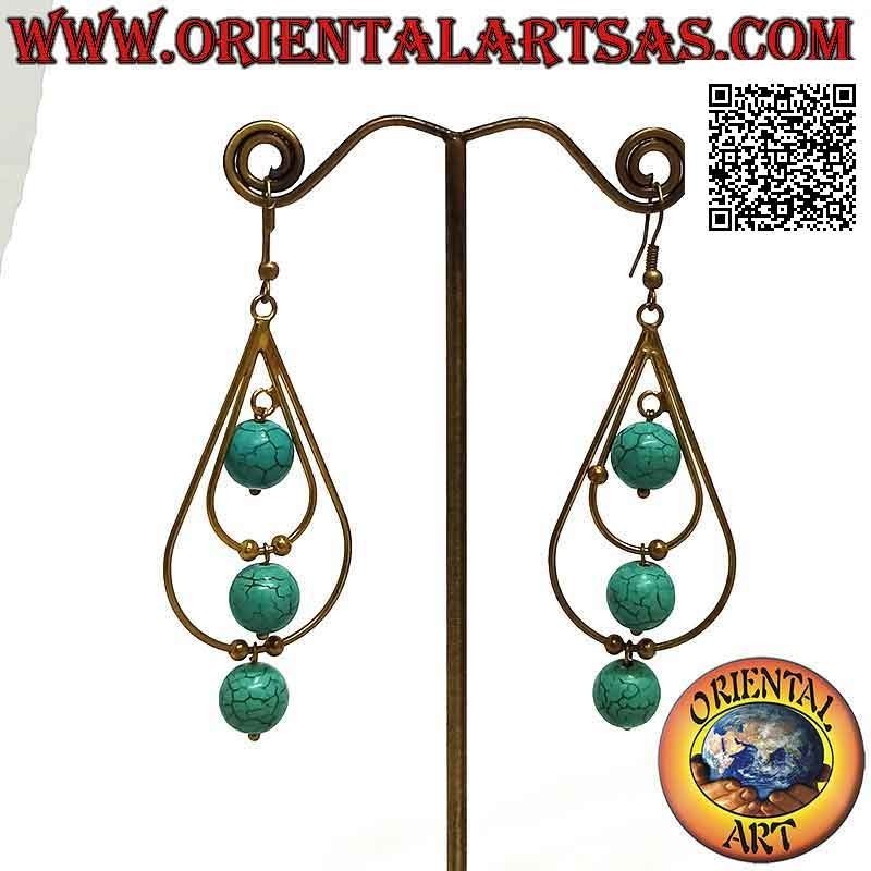 Double drop earrings handmade in golden brass alternating with turquoise paste spheres