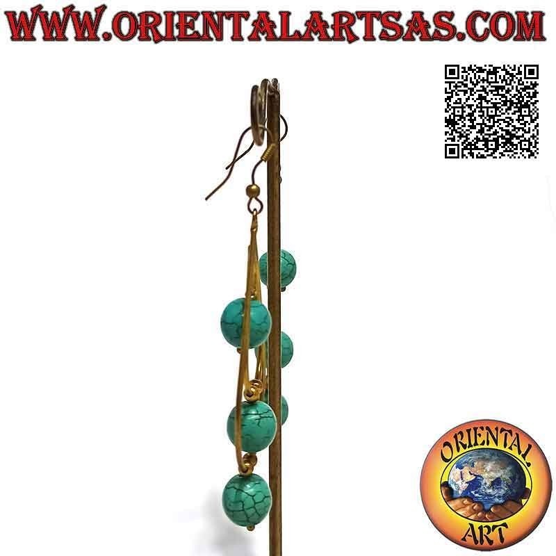 Boucles d'oreilles double goutte faites main en laiton doré alternant avec des sphères en pâte turquoise