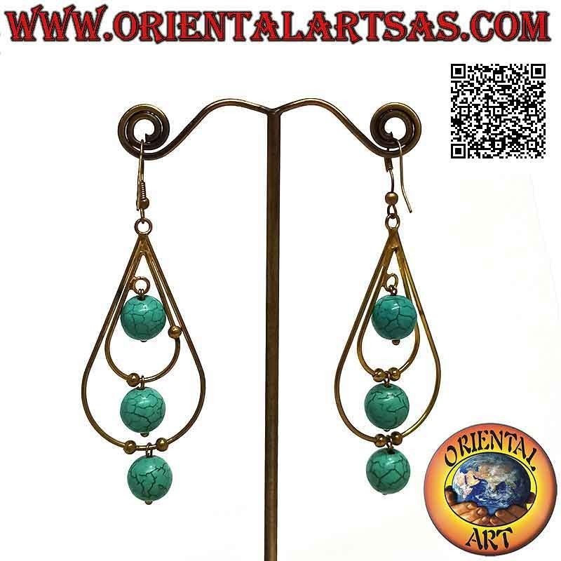 Double drop earrings handmade in golden brass alternating with turquoise paste spheres