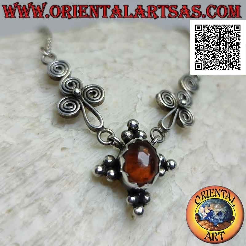 925 ‰ silver chain necklace with oval amber and trio of balls on 4 sides in the center between spirals