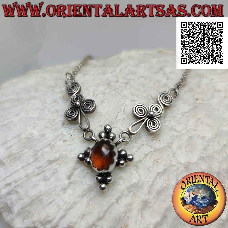 Collar de cadena de plata 925 ‰ con ámbar ovalado y trío de bolas en 4 lados en el centro entre espirales