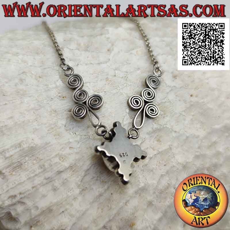 Collier chaîne en argent 925 ‰ avec ambre ovale et trio de boules sur 4 côtés au centre entre spirales