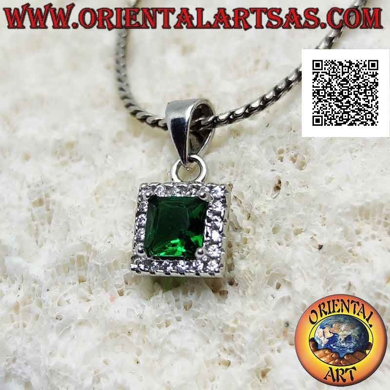 Silver pendant with square synthetic emerald surrounded by zircons