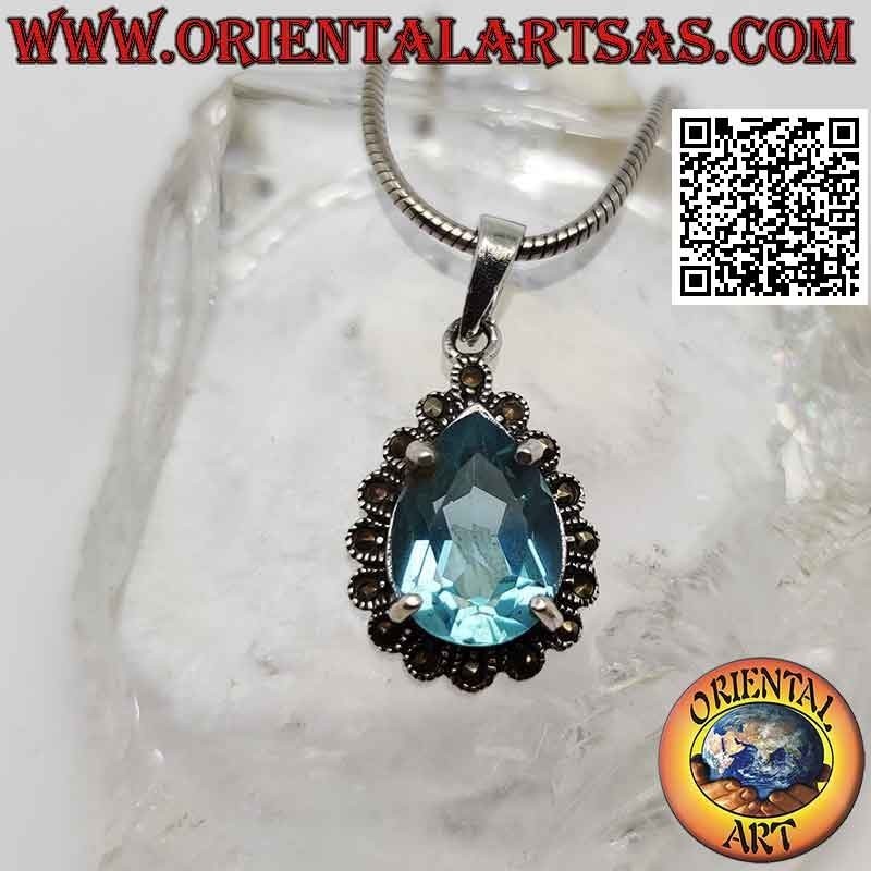 Pendentif en argent avec topaze bleue en forme de goutte sertie entourée de marcassite