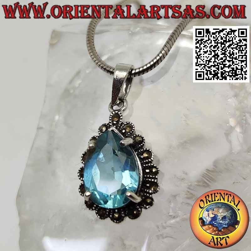 Pendentif en argent avec topaze bleue en forme de goutte sertie entourée de marcassite