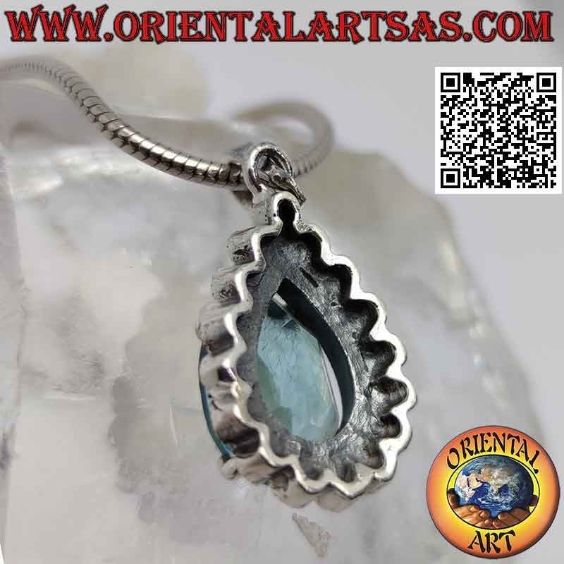 Silver pendant with drop-shaped blue topaz set surrounded by marcasite