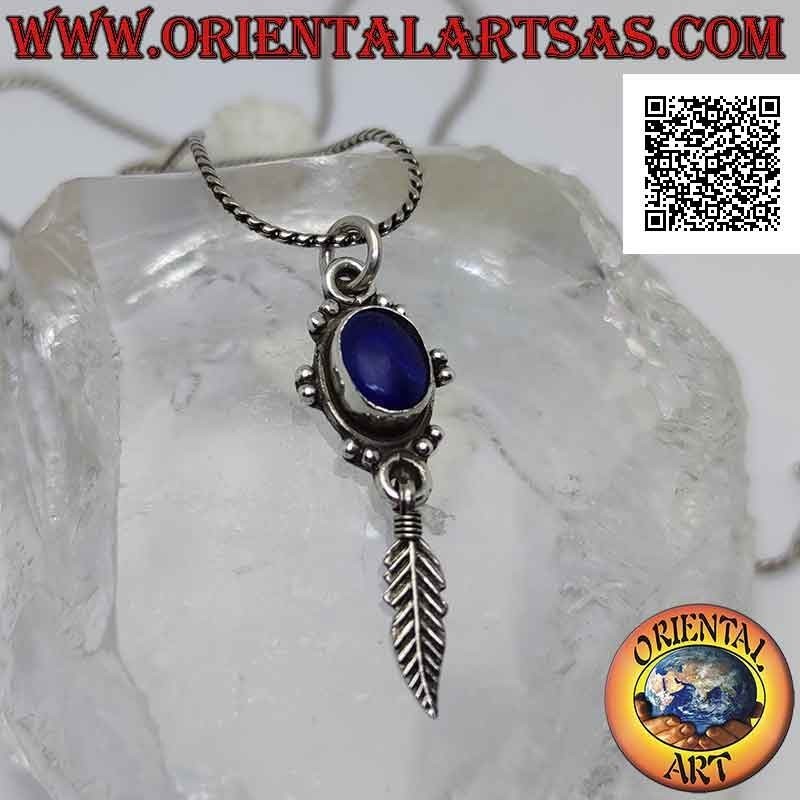 Pendentif en argent avec lapis lazuli ovale entouré de paires de boules et d'un pendentif plume