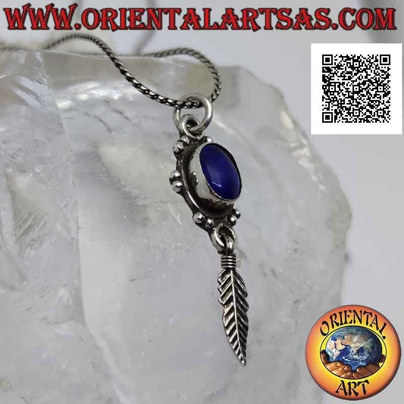 Silver pendant with oval lapis lazuli surrounded by pairs of balls and a pendant feather