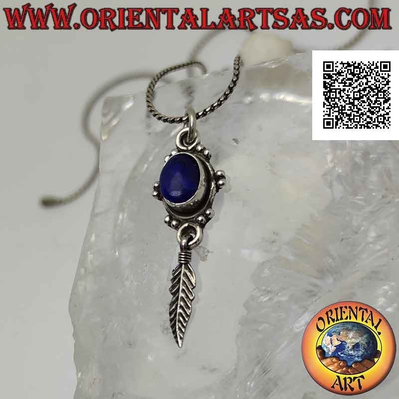 Silver pendant with oval lapis lazuli surrounded by pairs of balls and a pendant feather