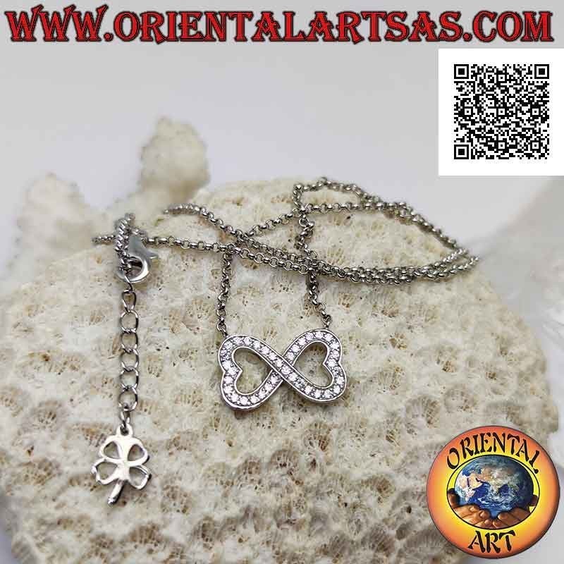 Collana in argento 925 ‰ a catenina con infinito di due cuori a specchio tempestati di marcassite