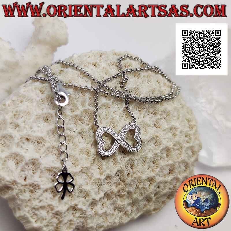 Collana in argento 925 ‰ a catenina con infinito di due cuori a specchio tempestati di marcassite