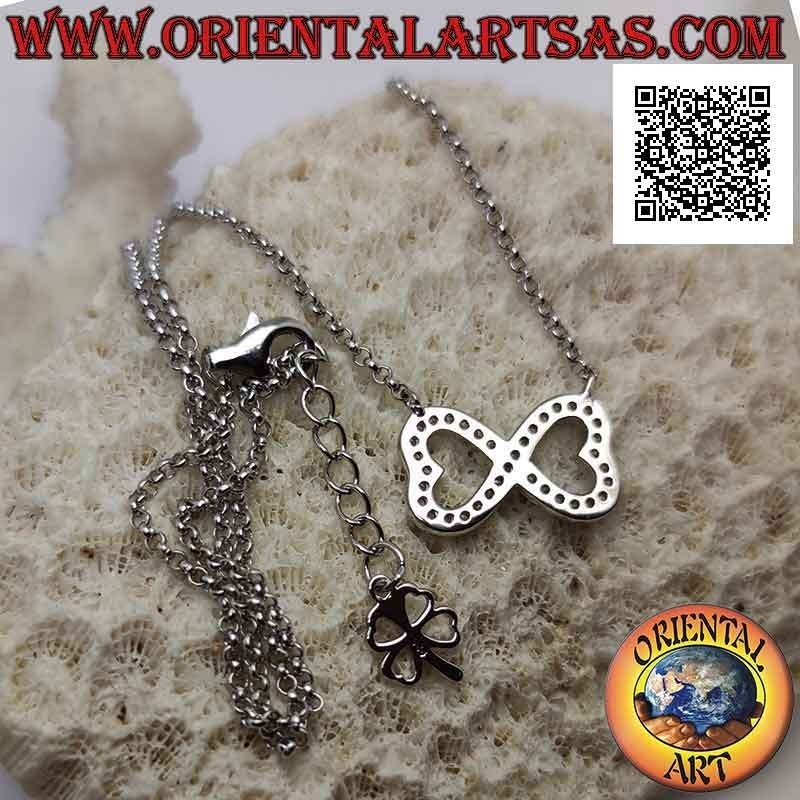 Collier chaîne en argent 925 ‰ avec infinité de deux cœurs en miroir parsemés de marcassite